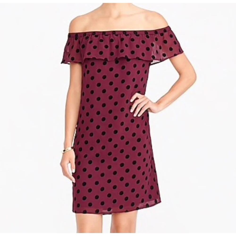 J Crew Shift Dress Womens 0 Burgundy Black Velvet Polka Dots Lined‎ Romantic